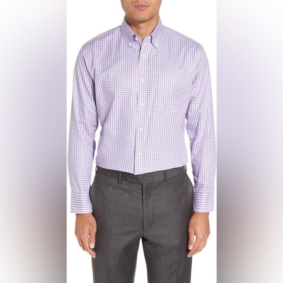 Nordstrom Men's Trim Fit Gingham Dress Shirt Purple Size 16.5 34/35 Non-Iron - Picture 1 of 13